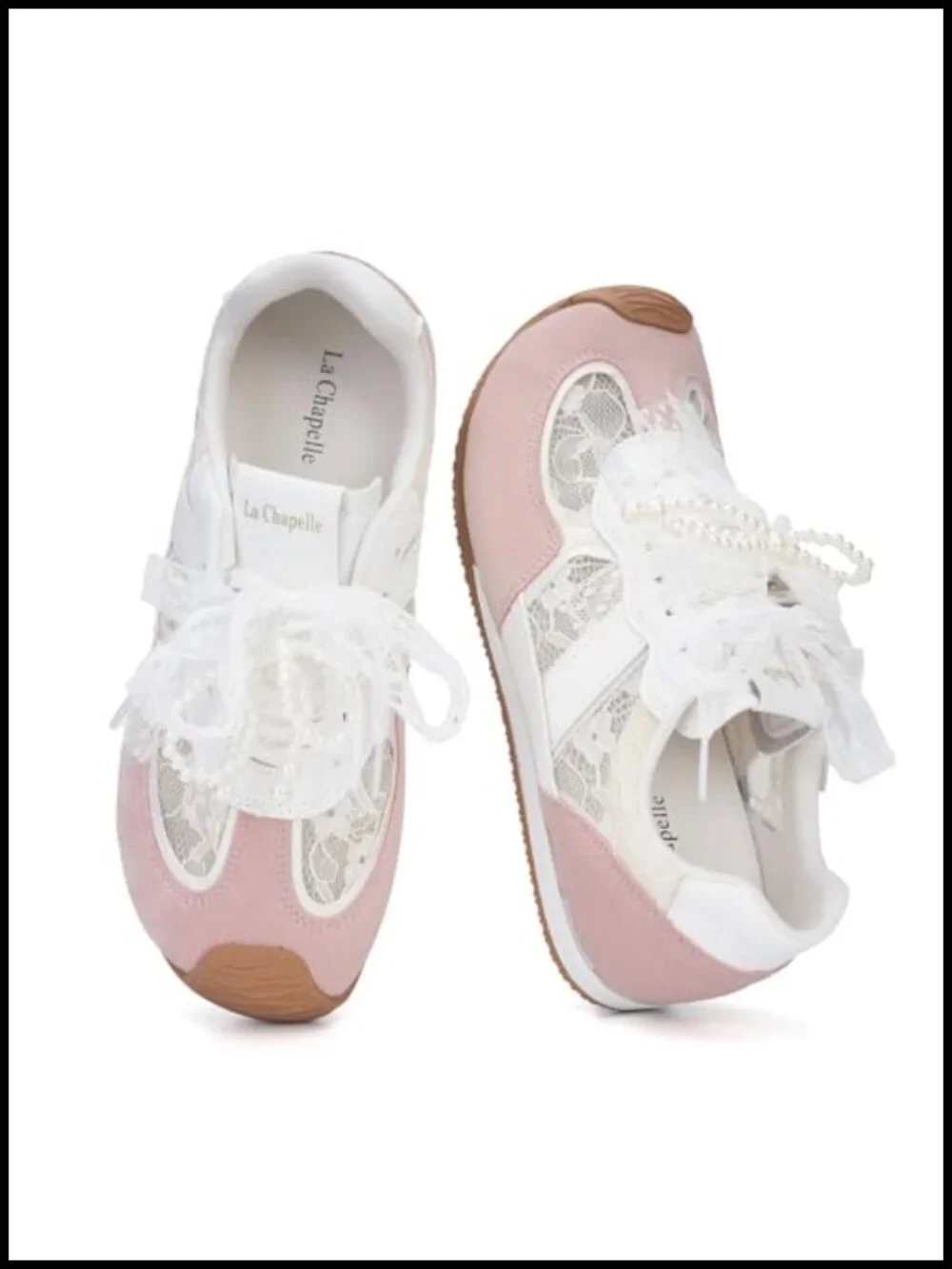 Lace Sneakers with Pearl Bow Detachable Non Slip Memory Foam Casual